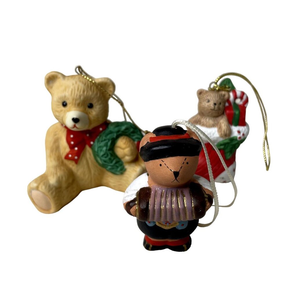 3 Pc Vintage Christmas Ornaments Ceramic Teddy and Friends u